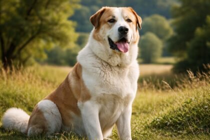 Közép-ázsiai juhászkutya a természetben ülve