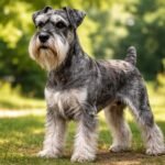 Közép schnauzer kutya a szabadban, zöld háttérrel.