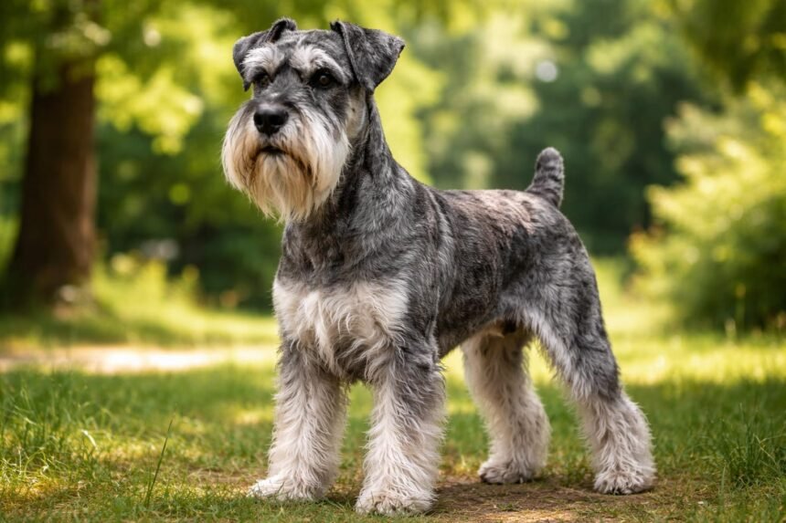 Közép schnauzer kutya a szabadban, zöld háttérrel.