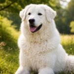 Hűséges kuvasz kutya napsütésben, zöld háttérrel