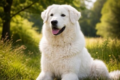 Hűséges kuvasz kutya napsütésben, zöld háttérrel