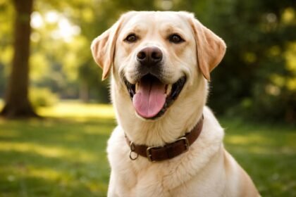 Barátságos labrador retriever kutya szép zöld környezetben.