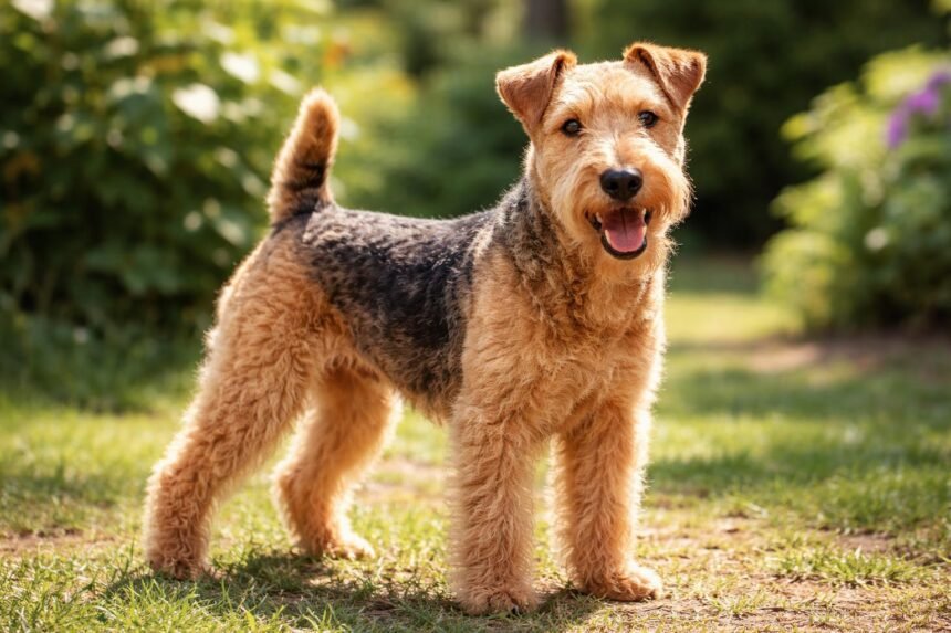Lakeland terrier boldog állapotban a szabadban.