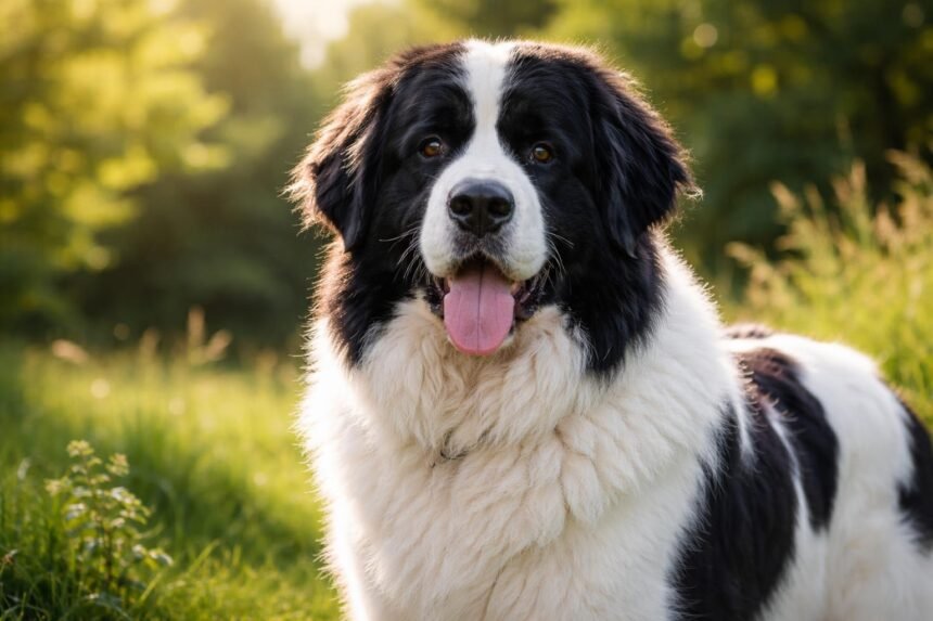 Fekete-fehér Landseer kutya a természetben, barátságos arckifejezéssel.