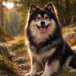 Lapp pásztorkutya boldog arckifejezéssel erdei környezetben.