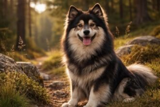 Lapp pásztorkutya boldog arckifejezéssel erdei környezetben.