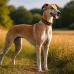 Lengyel agár kutya a mezőn, napfényben állva