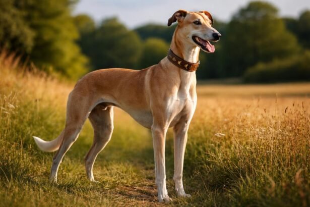 Lengyel agár kutya a mezőn, napfényben állva