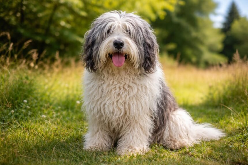 Lengyel alföldi juhászkutya a szabadban, gyönyörű környezetben.