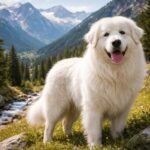 Lengyel hegyi juhászkutya a hegyekben, boldogan állva