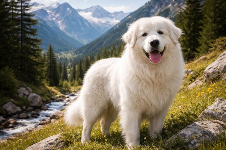 Lengyel hegyi juhászkutya a hegyekben, boldogan állva