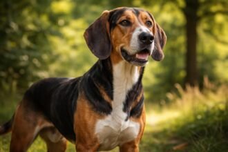 Lengyel kopó kutya a természetben, vidáman mosolyogva.