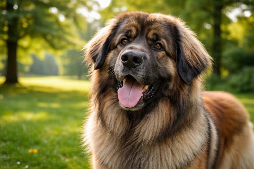 Leonbergi kutya szelíd arccal a parkban