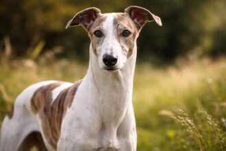 Karcsú magyar agár fut egy zöld mezőn világos napsütésben