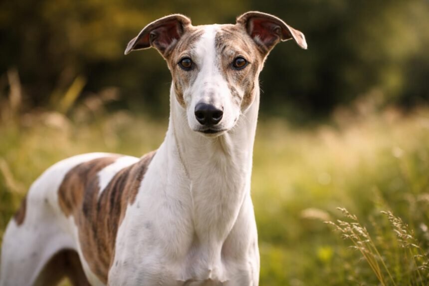 Karcsú magyar agár fut egy zöld mezőn világos napsütésben