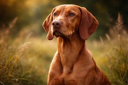 Magyar vizsla kutya portréja, szép háttérrel