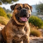 Mallorcai masztiff a természetben, boldogan pihenve.