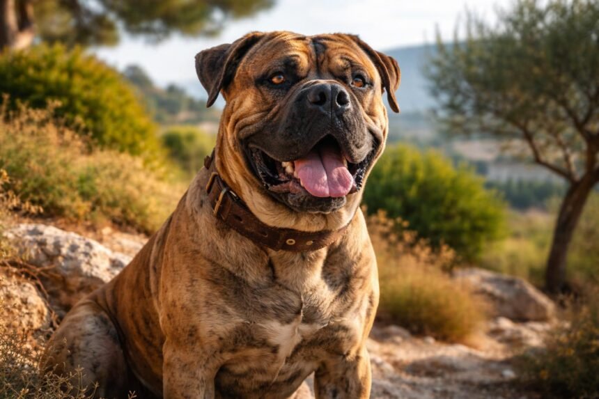 Mallorcai masztiff a természetben, boldogan pihenve.