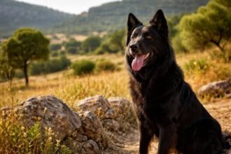 Mallorcai pásztorkutya gyönyörű tájban ülve