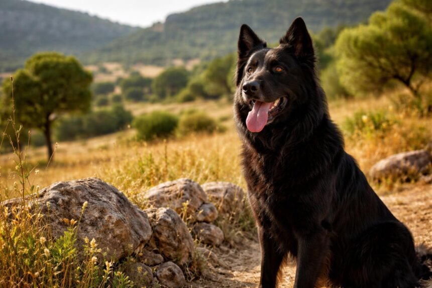 Mallorcai pásztorkutya gyönyörű tájban ülve