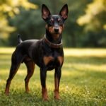Manchester terrier állva a zöld fűben, világos háttérrel.