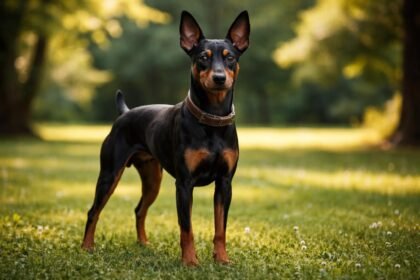 Manchester terrier állva a zöld fűben, világos háttérrel.