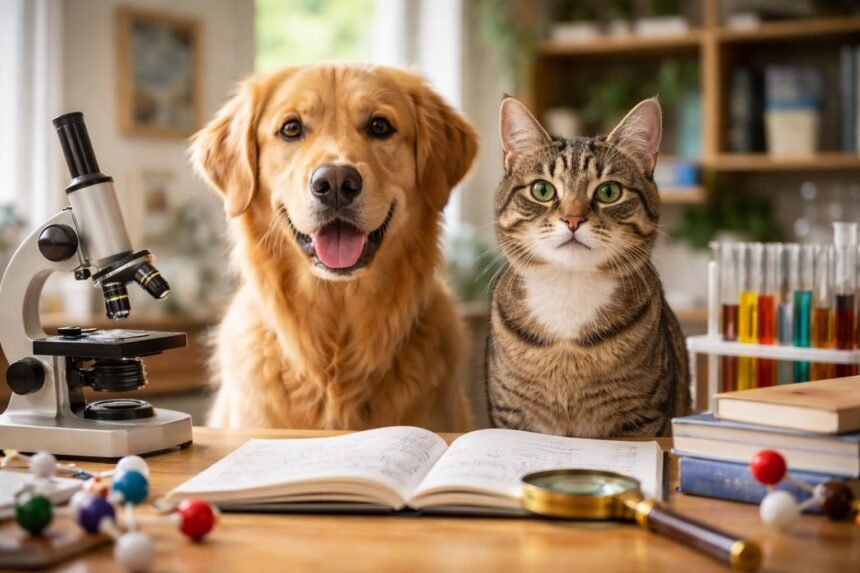 Kutyával és macskával a laborban, kutatás alatt álló állatok.