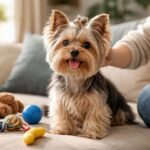 Aranyos yorkshire terrier kölyök figyelmet igényel gazdájától