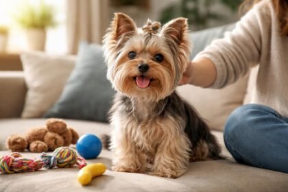 Aranyos yorkshire terrier kölyök figyelmet igényel gazdájától