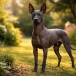 Mexikói meztelen kutya a napfényben, zöld háttérrel.