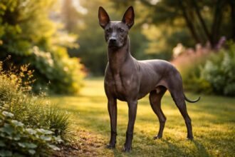 Mexikói meztelen kutya a napfényben, zöld háttérrel.