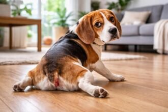 Kutya csúszik a fenekén, lehetséges egészségügyi problémákat jelezve.