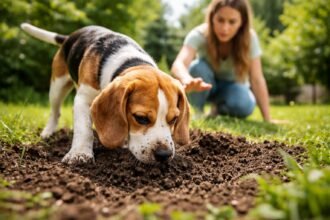 Kutyája földet eszik a kertben, gazdája figyeli.