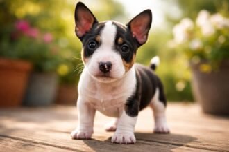 Egy miniatűr bullterrier kölyök tűnik fel virágok előtt