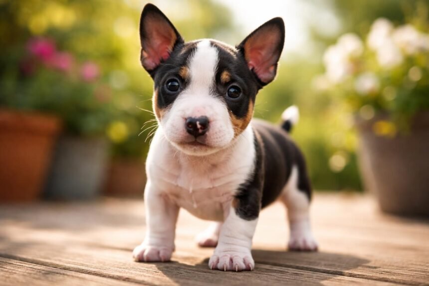 Egy miniatűr bullterrier kölyök tűnik fel virágok előtt