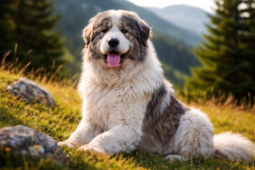 Mioritic pásztorkutya egy gyönyörű zöld dombon.