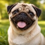 Vidám mopsz kutya a zöld fűben