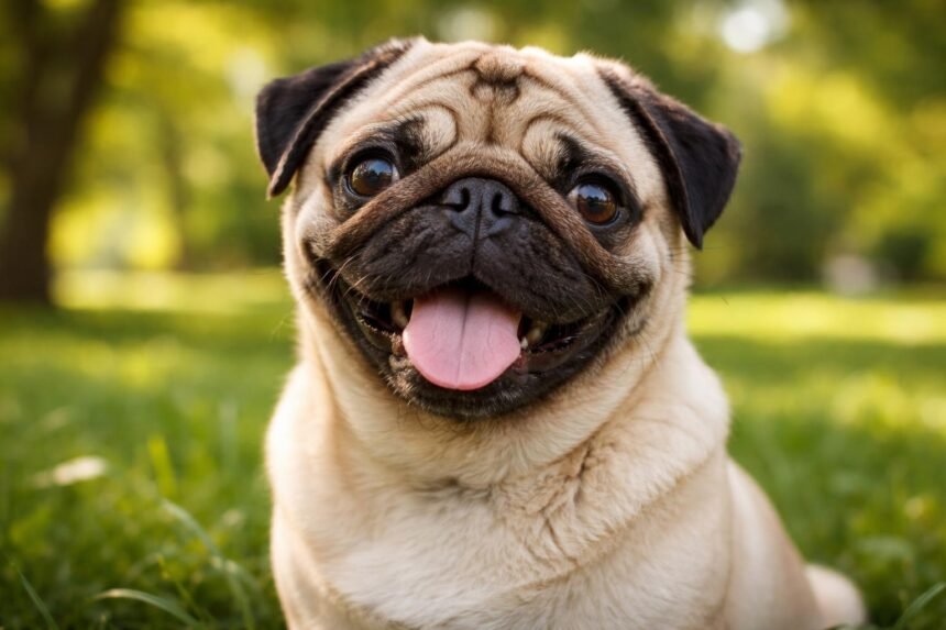 Vidám mopsz kutya a zöld fűben