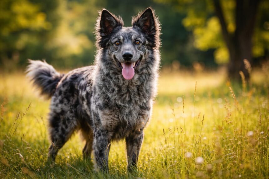 Egy boldog mudi kutya áll egy zöld mezőn napfényben.
