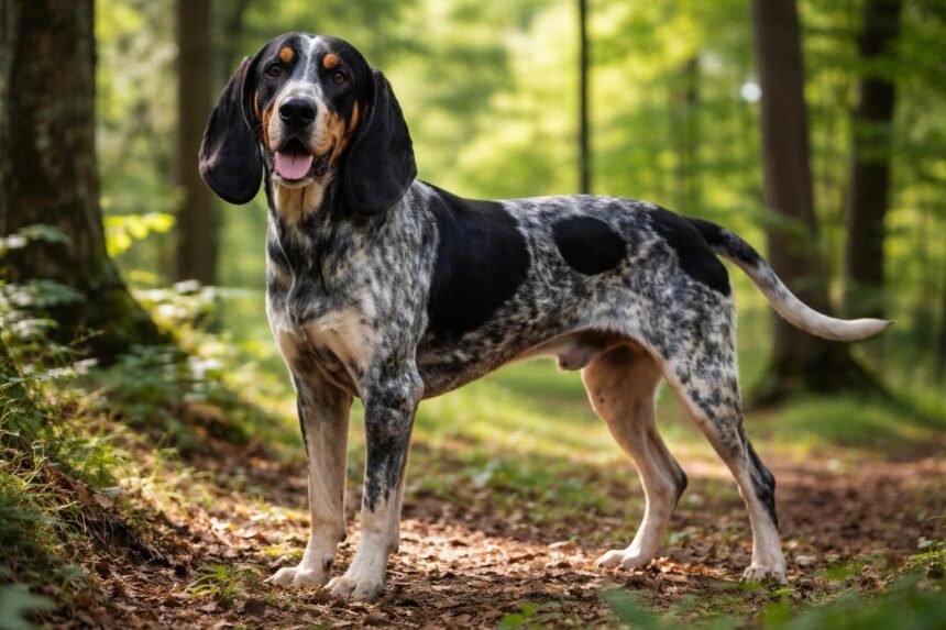 Nagy gascogne-i kék kopó erdőben, boldogan pózolva.