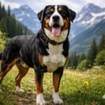 Nagy svájci havasi kutya a hegyekben, vidám arckifejezéssel.