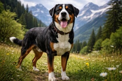 Nagy svájci havasi kutya a hegyekben, vidám arckifejezéssel.