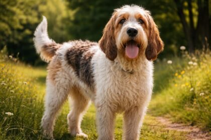 Nagy vendée-i griffon kopó a természetben, boldog és aktív állapotban