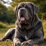 Nápolyi masztiff a zöld fűben, hűséges és nyugodt kutya