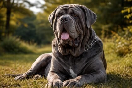 Nápolyi masztiff a zöld fűben, hűséges és nyugodt kutya