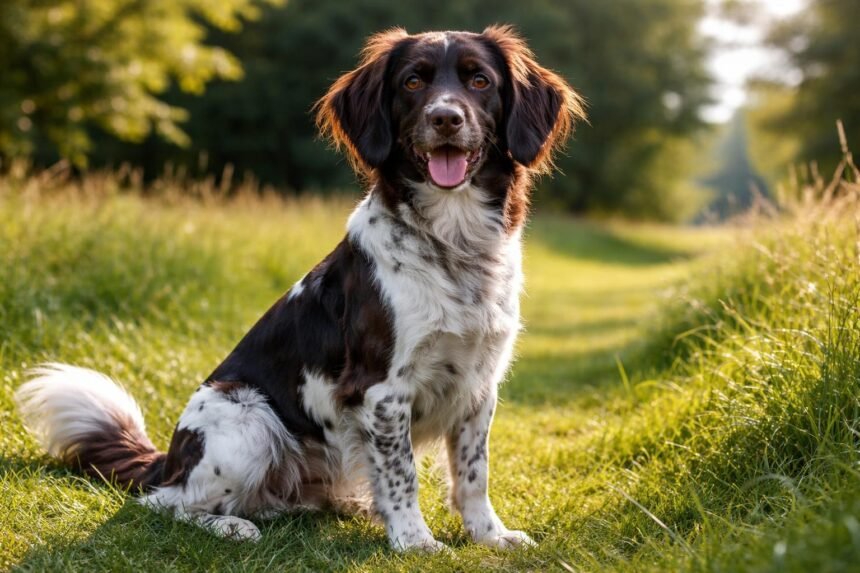 Német fürjészeb a zöld fűben, barátságos arckifejezéssel.