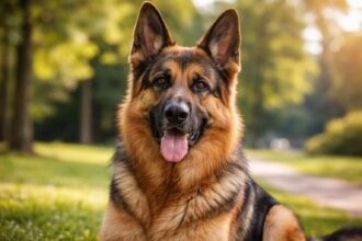 Német juhászkutya szabadban, napfényben.