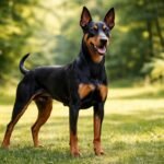 Egy német pinscher a zöld fűben, boldogan áll a parkban.