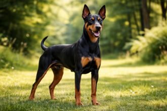 Egy német pinscher a zöld fűben, boldogan áll a parkban.