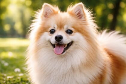 Egy német spicc kutya, boldog mosollyal, zöld háttérben.